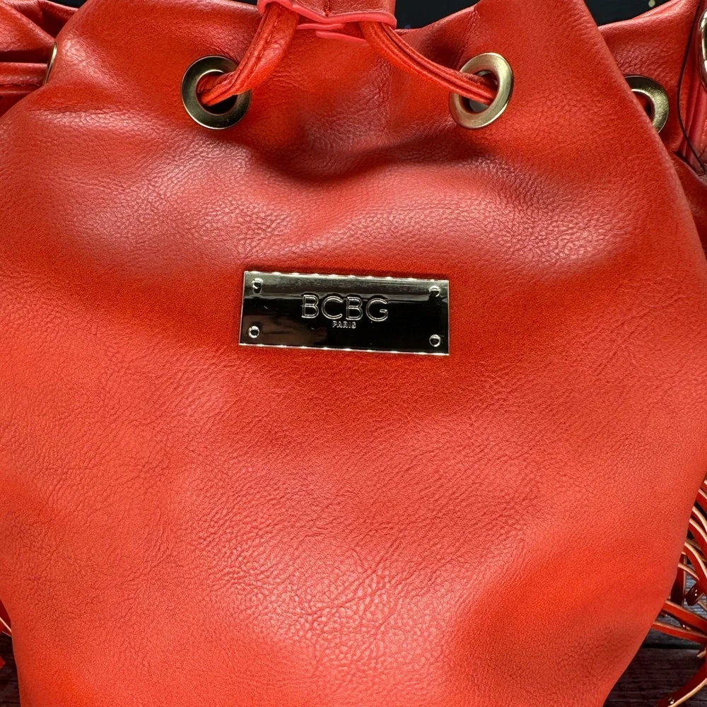 BCBG | Fringe Drawstring Bucket Bag Red NWT